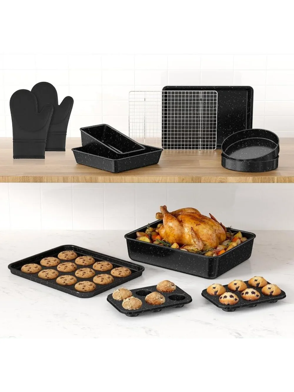 13-Piece Black Includes Cookie Sheet with Rack Cake Pan Nonstick Bakeware Sets